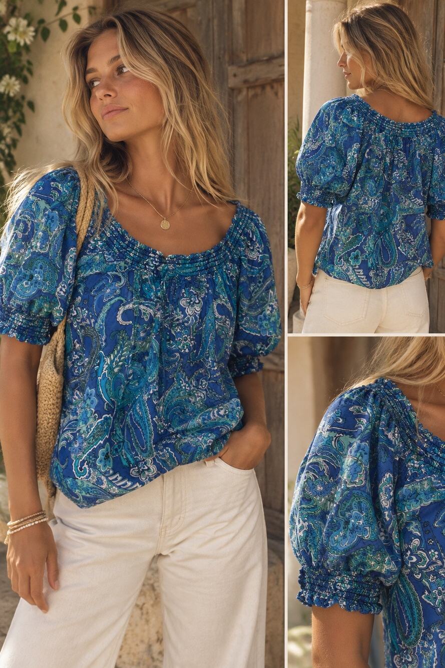 Maximalist Bohemian Paisley Florals Blue Round Cinch Neck Puff Sleeve Blouse